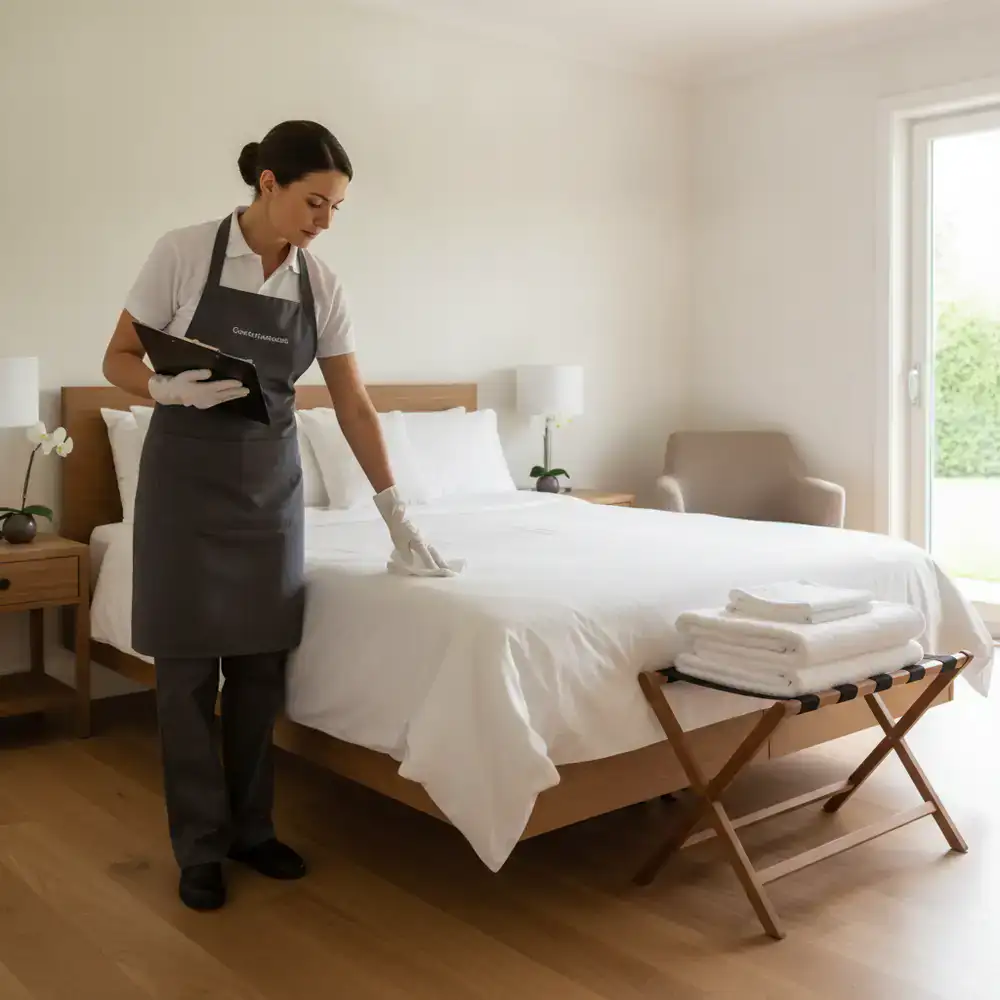 Professional cleaner inspecting a freshly prepared bedroom