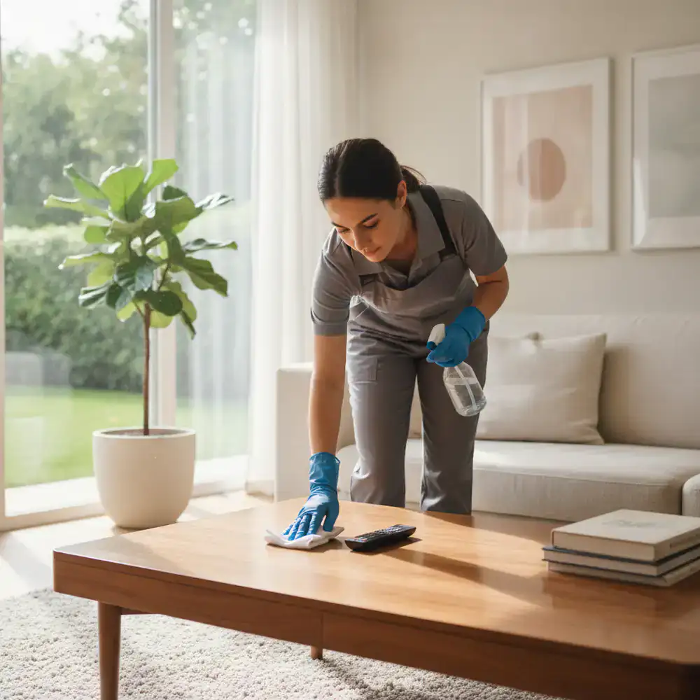 Professional cleaner sanitizing high-touch surfaces in a bright living room