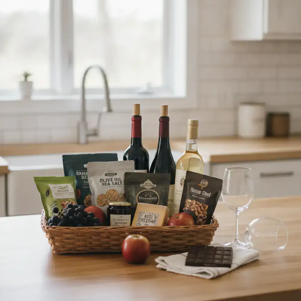 Host welcome basket with wine and snacks on a kitchen counter