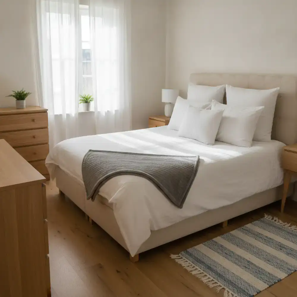 Freshly made hotel style bed in a rental property