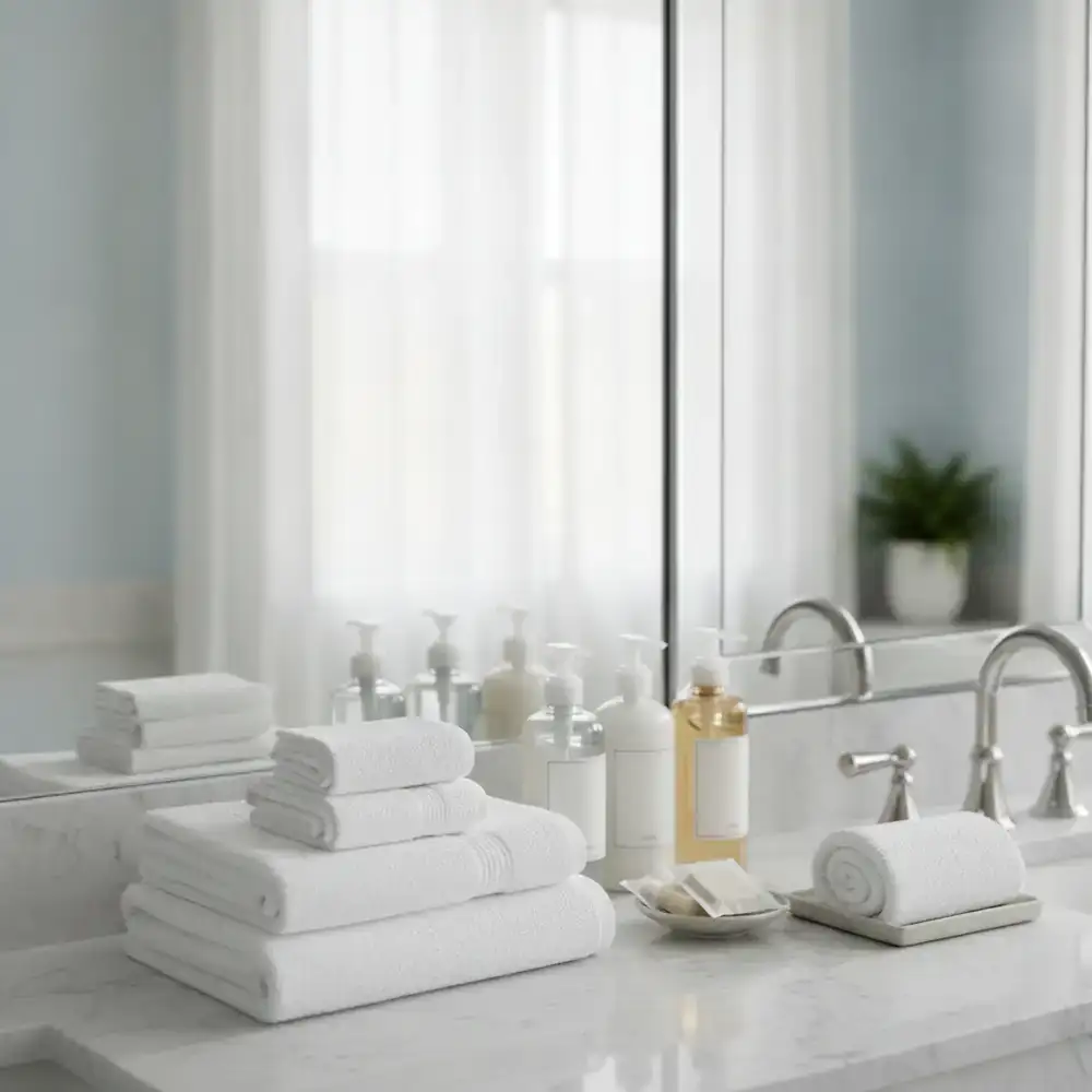 Freshly folded towels and restocked bathroom amenities