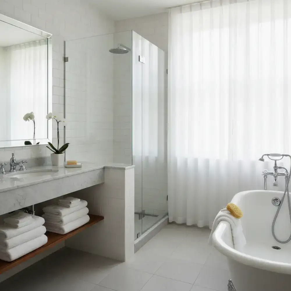 Freshly cleaned bathroom with perfectly folded towels