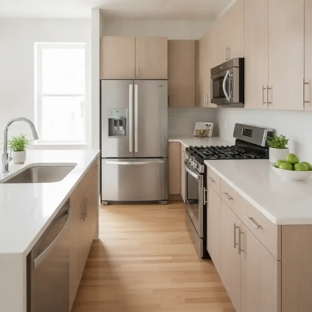 Spotless kitchen counters and shining appliances in a rental property